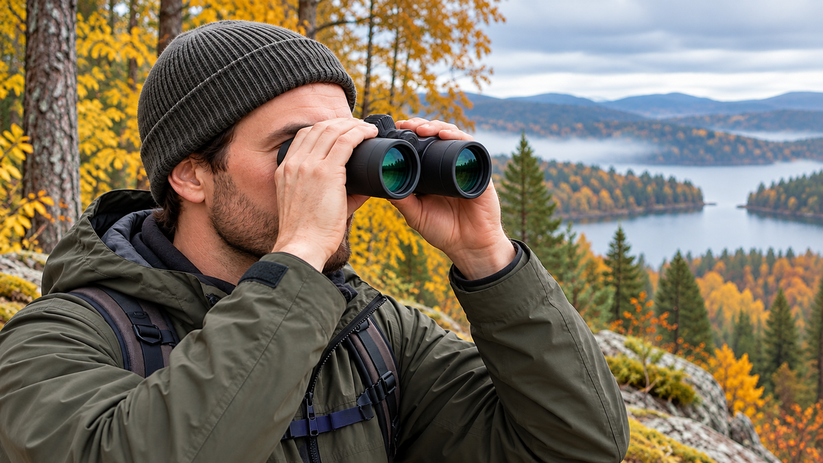 Naturbeobachter nutzt das xsdfr Fernglas mit beiden Augen an einem herbstlichen See