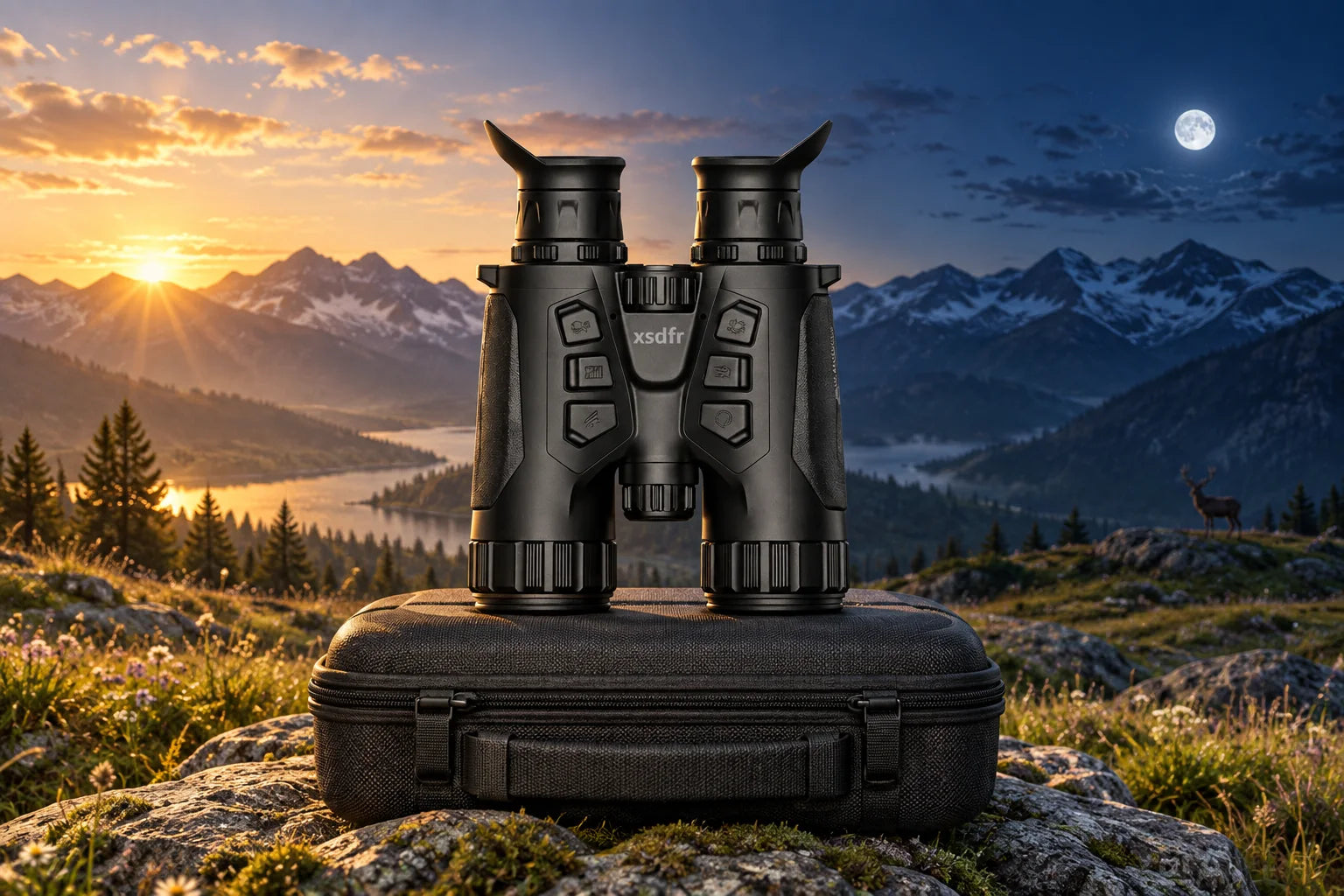 xsdfr Fernglas vor einer Landschaft, die von Tageslicht in eine klare Nacht übergeht