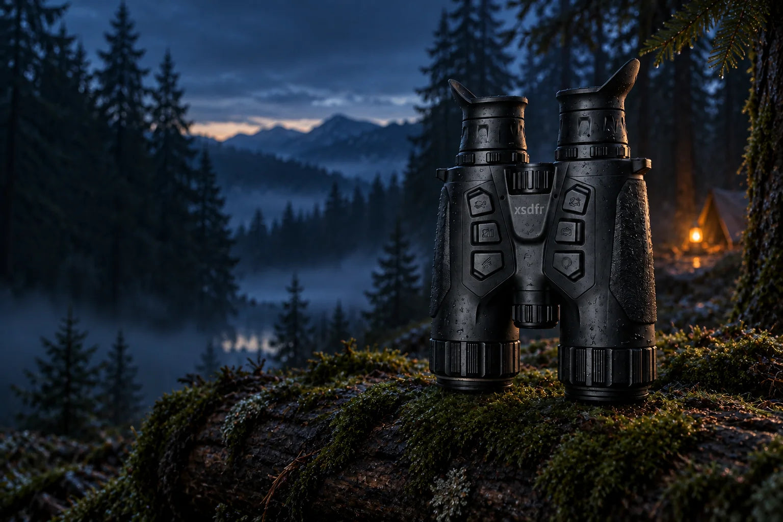 xsdfr Fernglas auf einem moosbedeckten Baumstamm in einem Bergwald bei Dämmerung