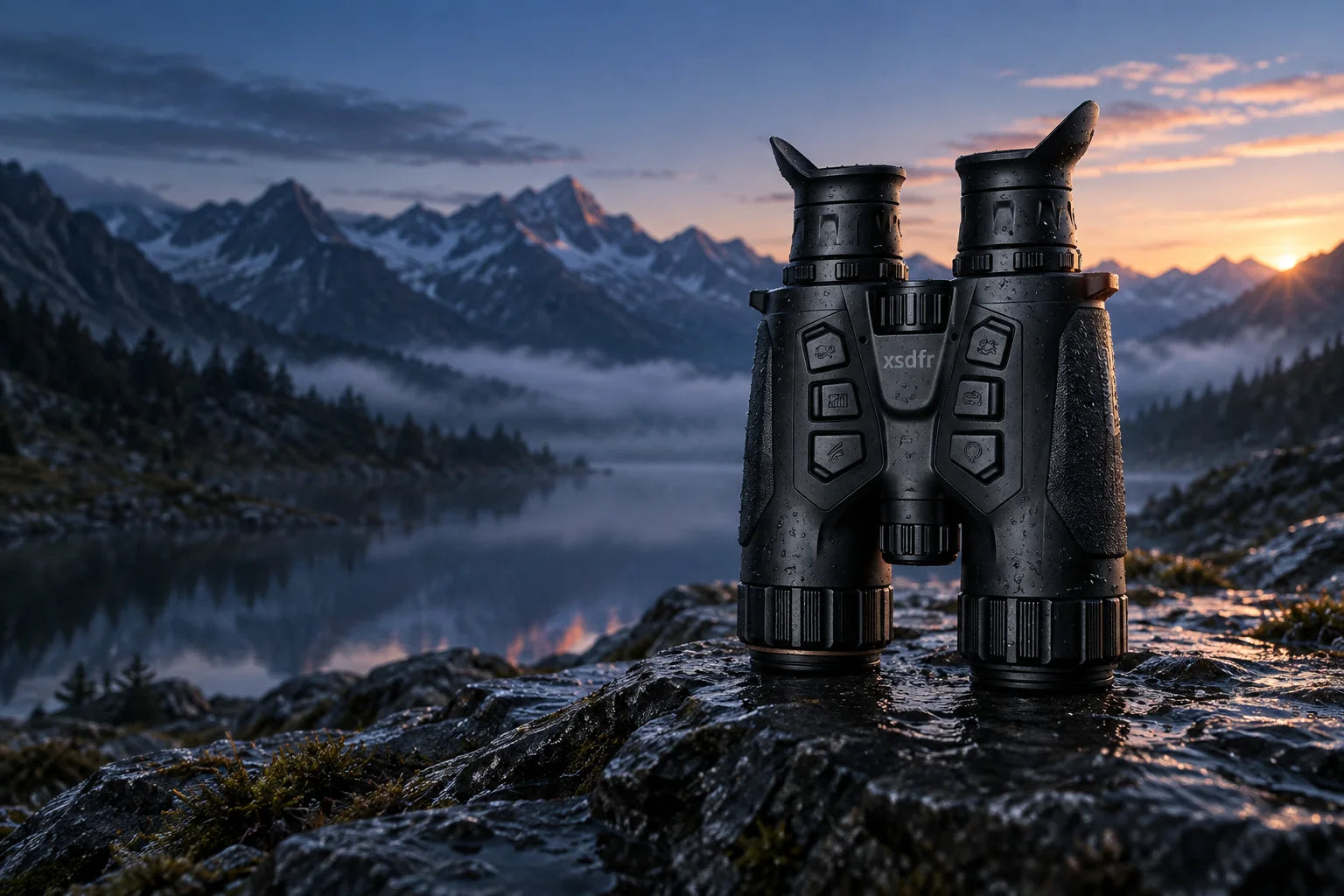 xsdfr Multispektral-Fernglas auf einem Felsen vor einer alpinen Landschaft bei Sonnenaufgang