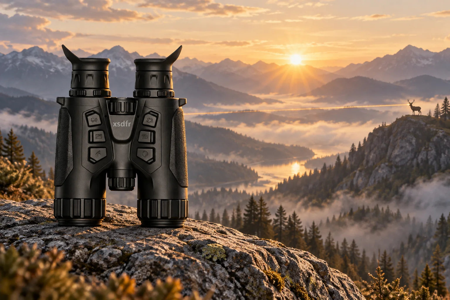 xsdfr Fernglas misst die Entfernung zu einem Hirsch in einer weitläufigen Berglandschaft