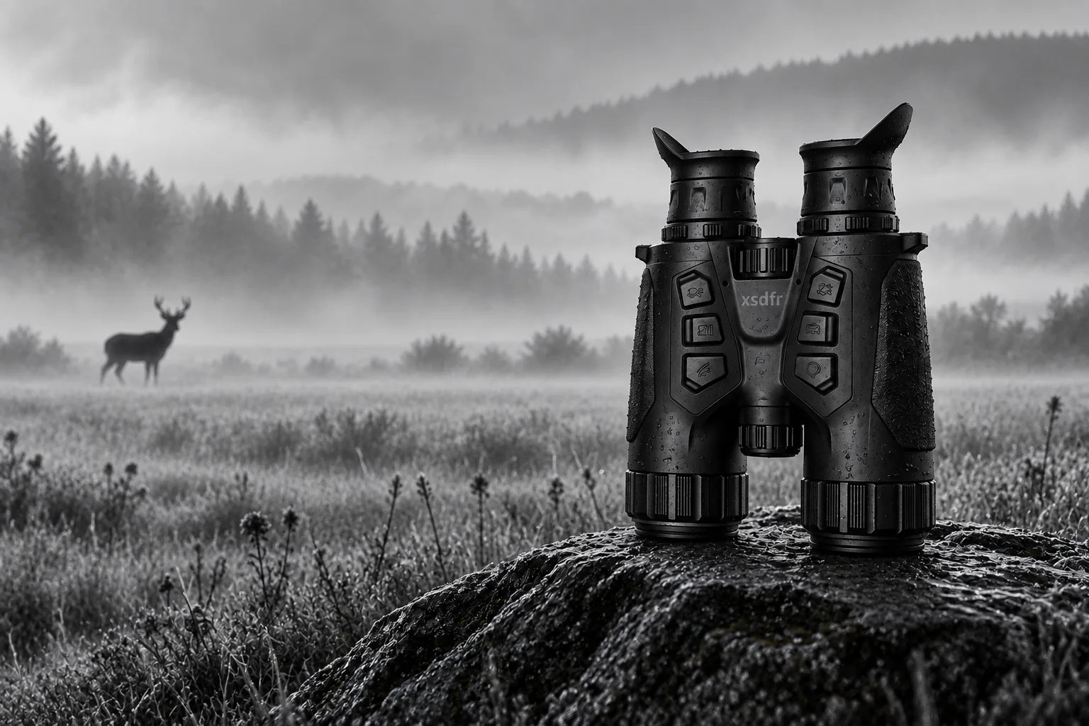 xsdfr Fernglas in einer nebligen Wiese mit dunkel dargestelltem Hirsch im Black-Hot-Modus