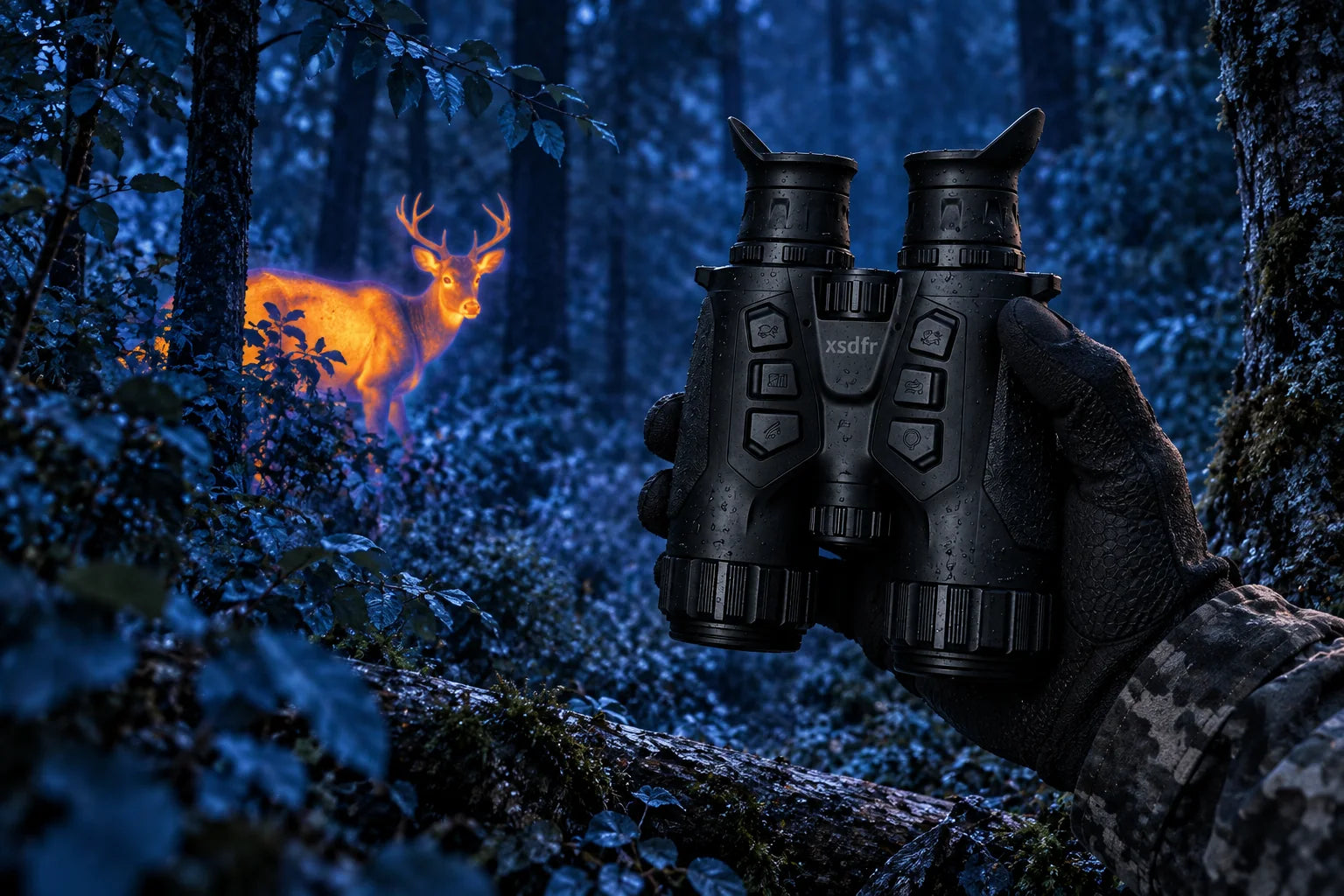xsdfr Fernglas in einem blauen Nachtwald mit farbig hervorgehobenem Hirsch im Fusion-Modus