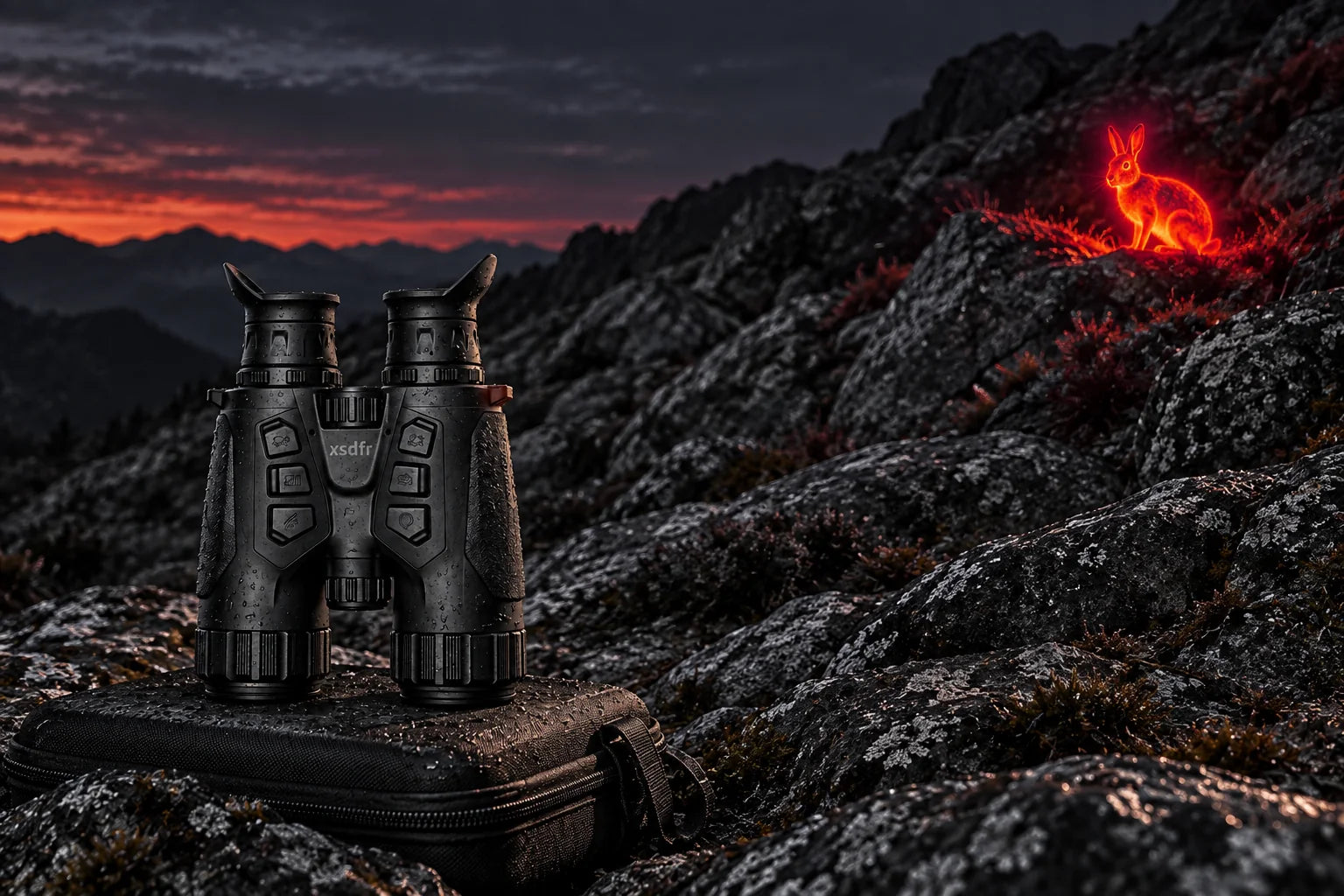 xsdfr Fernglas vor dunkler Vegetation mit rot hervorgehobener Wärmesignatur eines Hasen