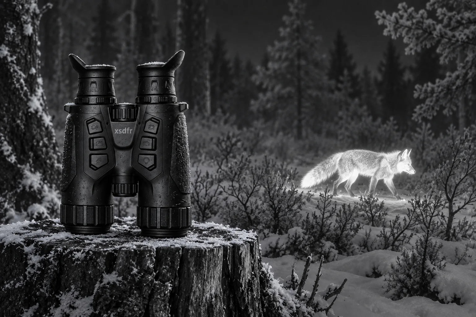 xsdfr Fernglas auf einer verschneiten Fläche mit hell dargestelltem Fuchs im White-Hot-Modus