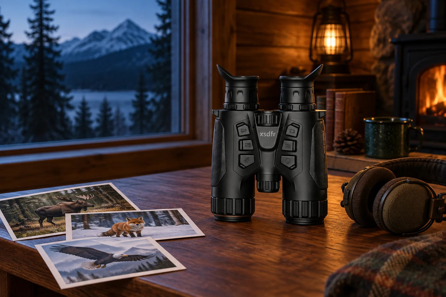 xsdfr Fernglas auf einem Holztisch neben ausgedruckten Tieraufnahmen und Kopfhörern