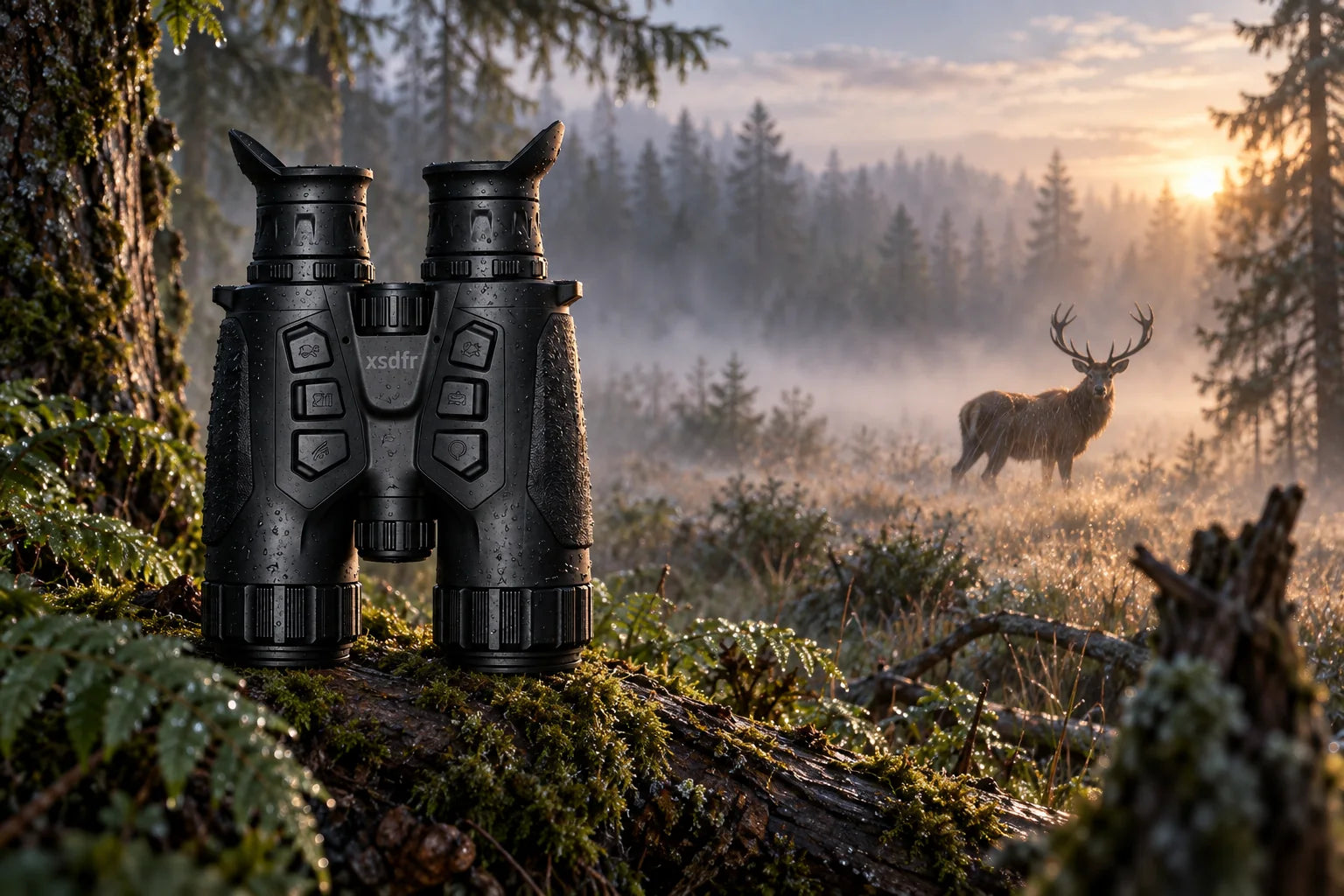 xsdfr Fernglas mit gut erkennbarem Hirsch in großer Entfernung bei Morgendämmerung